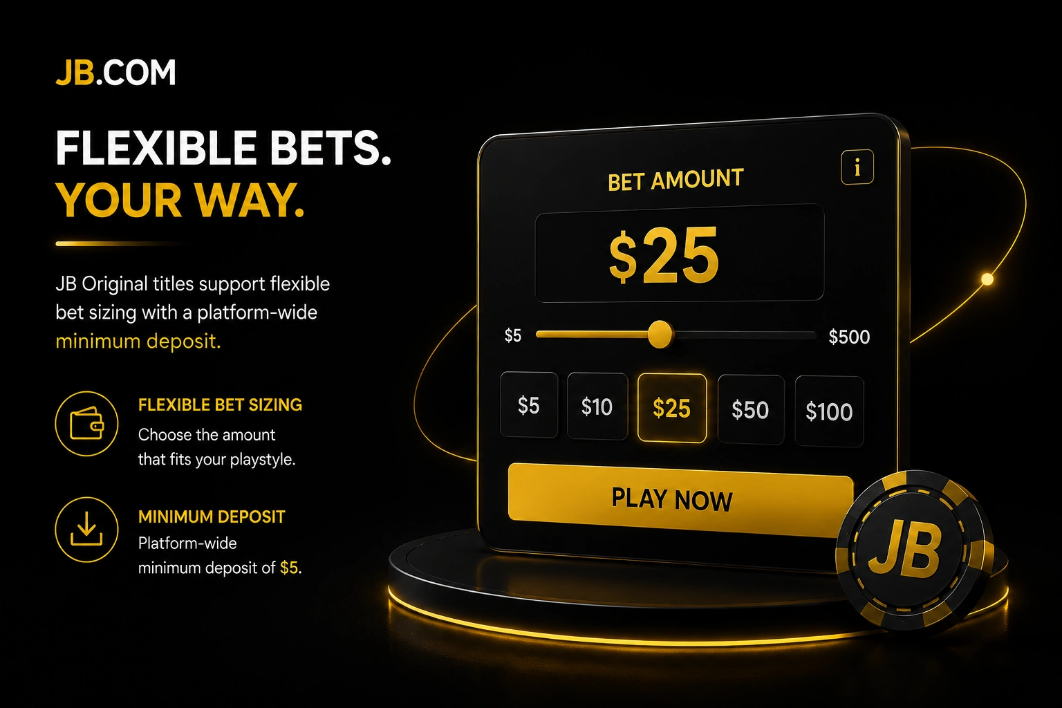 JB.COM flexible bet amount slider from $5 to $500 chip